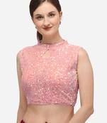 Sequence Work Pink Velvet Blouse With Collar Neck