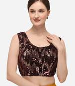 Embroidered & Sequence Work Brown Velvet Blouse With Round Neck