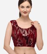 Embroidered & Sequence Work Maroon Velvet Blouse With Round Neck