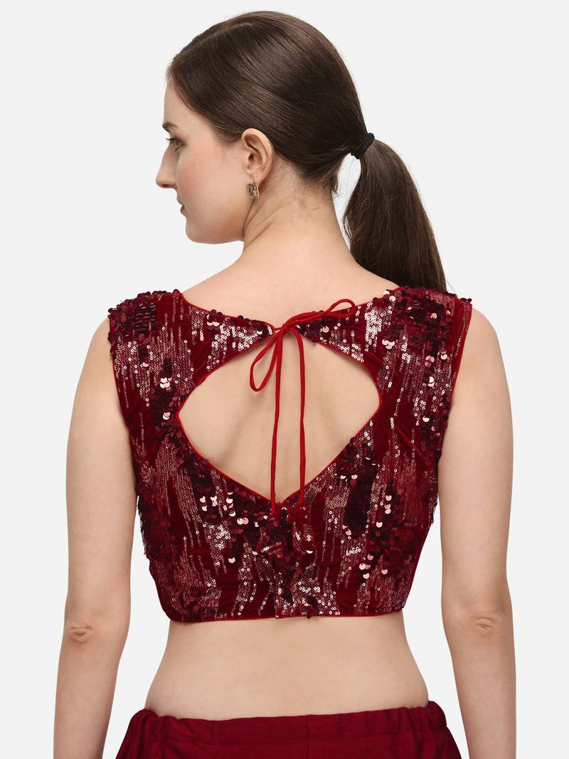Embroidered & Sequence Work Maroon Velvet Blouse With Round Neck