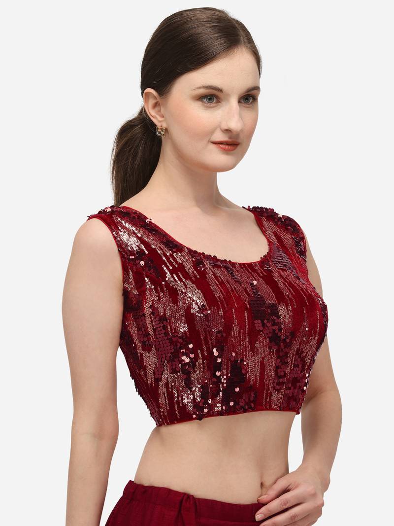 Embroidered & Sequence Work Maroon Velvet Blouse With Round Neck