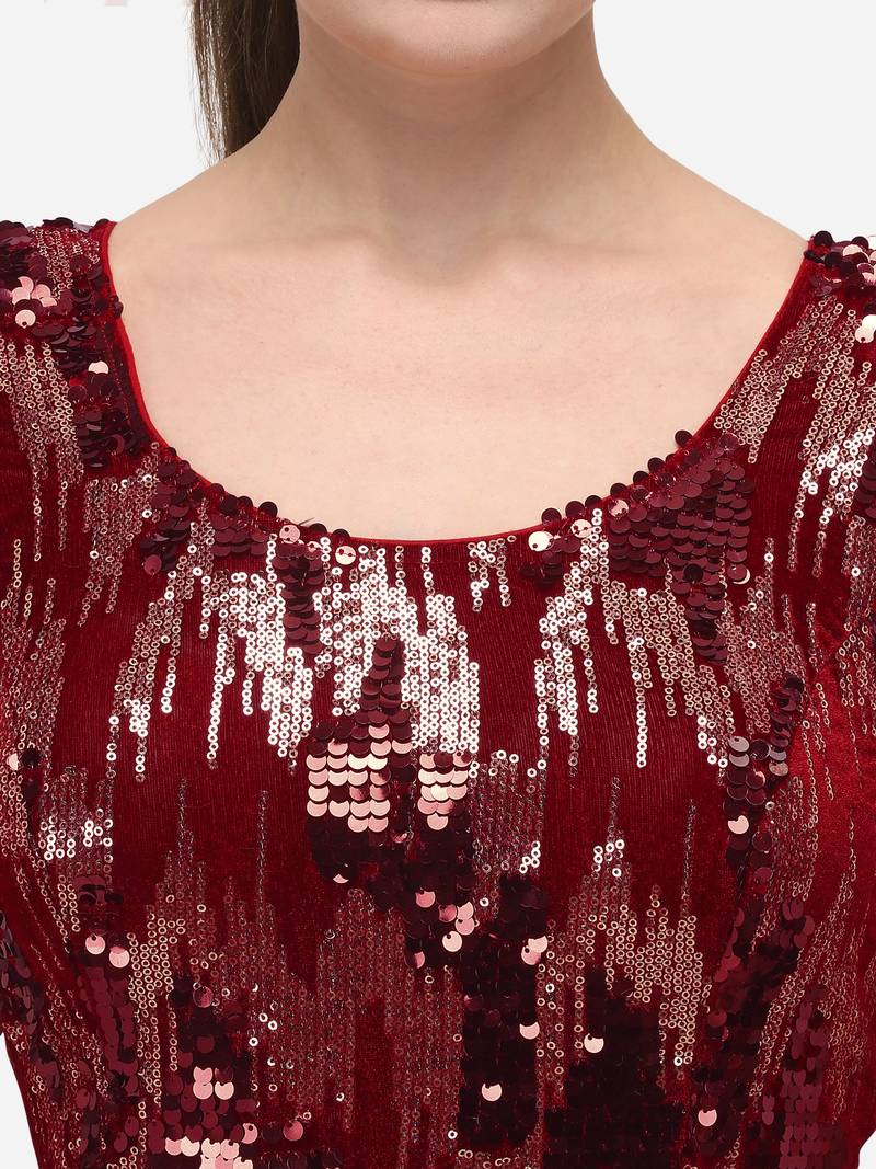 Embroidered & Sequence Work Maroon Velvet Blouse With Round Neck