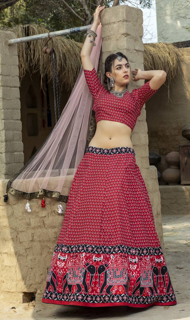 Red printed art silk semi stitched Bandhani type lehenga