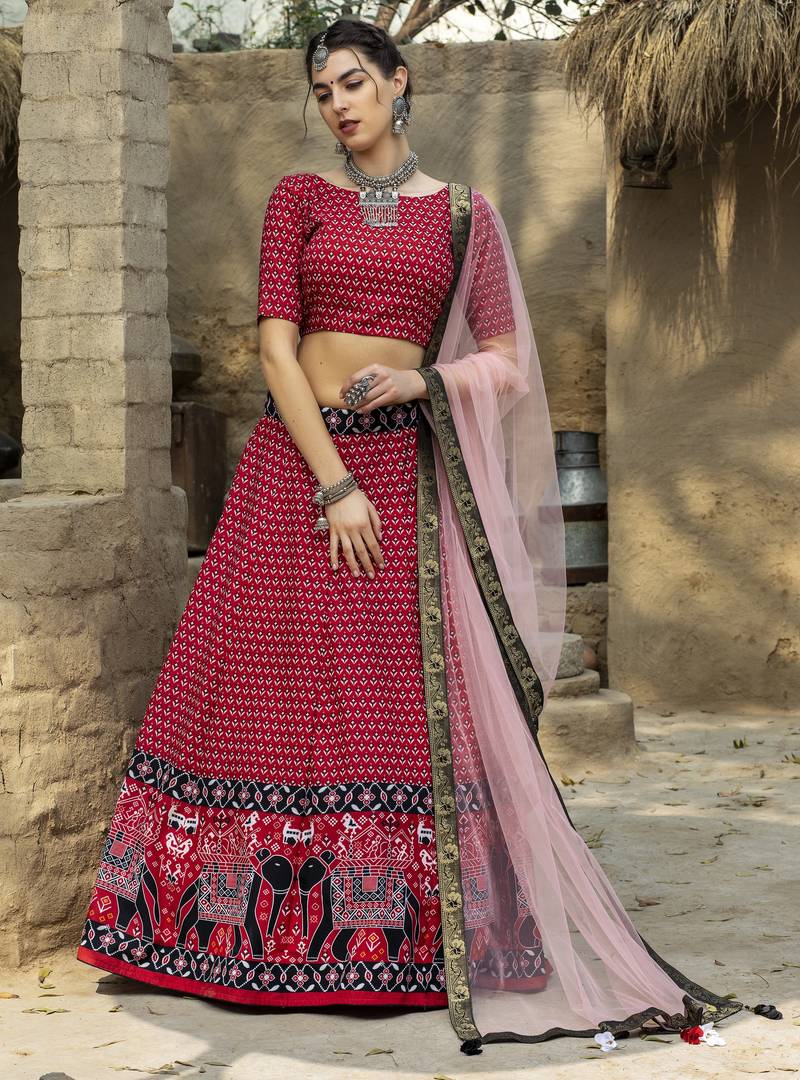Red printed art silk semi stitched Bandhani type lehenga
