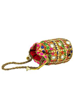 Shoptory India Wristlets Ethnic Potli For Women's Designer Rajasthani Style Royal Silk Batwa Zari Work Bridal Potli 5