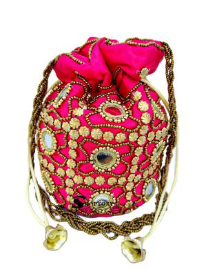 Shoptory India Wristlets Ethnic Potli For Women's Designer Rajasthani Style Royal Silk Batwa Zari Work Bridal Potli 1