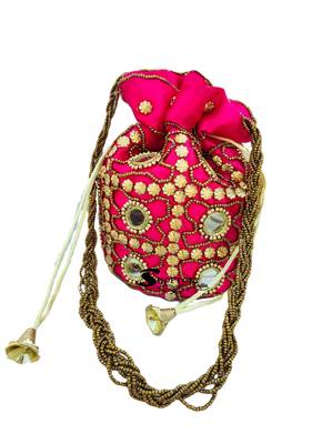 Shoptory India Wristlets Ethnic Potli For Women's Designer Rajasthani Style Royal Silk Batwa Zari Work Bridal Potli 2