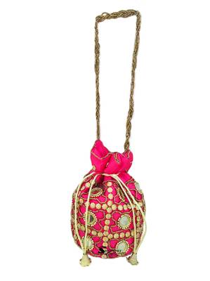 Shoptory India Wristlets Ethnic Potli For Women's Designer Rajasthani Style Royal Silk Batwa Zari Work Bridal Potli 3