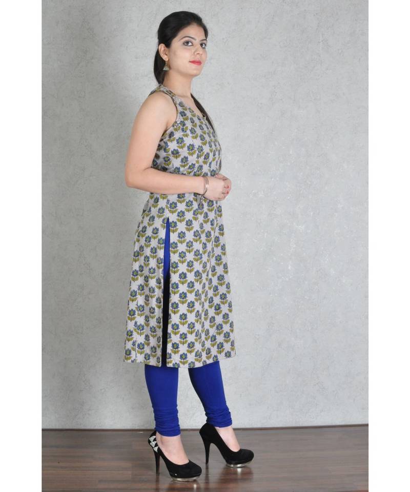 Grey Cotton Jaipuri Printed Kurta