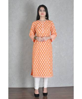 Orange Cotton Printed Jaipuri Kurta 1