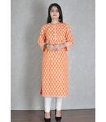 Orange Cotton Printed Jaipuri Kurta
