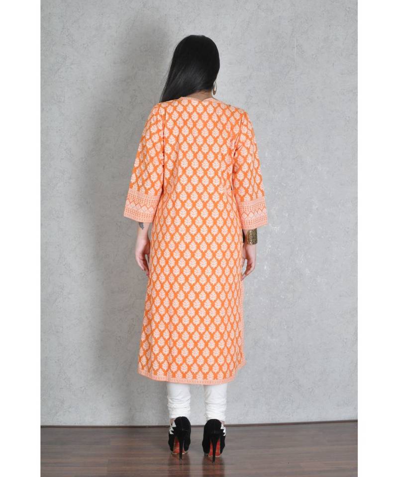 Orange Cotton Printed Jaipuri Kurta