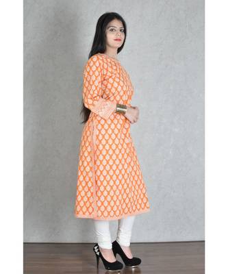 Orange Cotton Printed Jaipuri Kurta 3