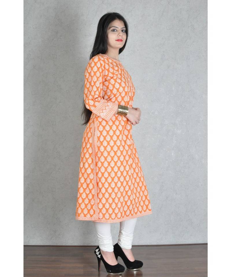 Orange Cotton Printed Jaipuri Kurta