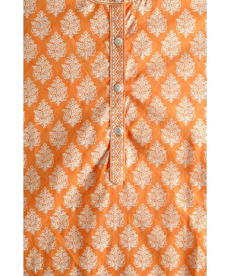 Orange Cotton Printed Jaipuri Kurta