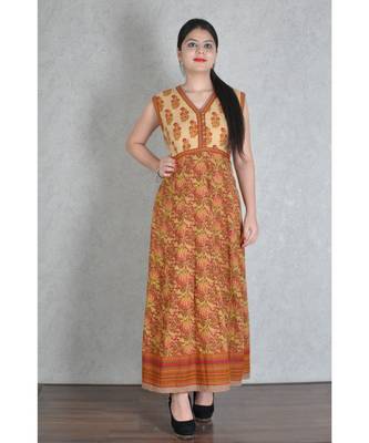 Beige & Red Cotton Printed Jaipuri Anarkali Kurta 1