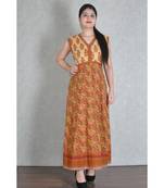 Beige & Red Cotton Printed Jaipuri Anarkali Kurta