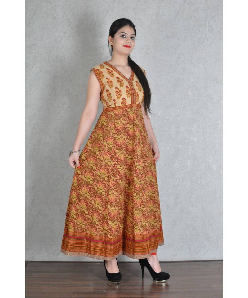 Beige & Red Cotton Printed Jaipuri Anarkali Kurta