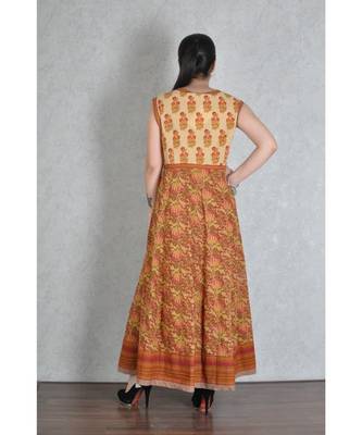 Beige & Red Cotton Printed Jaipuri Anarkali Kurta 3