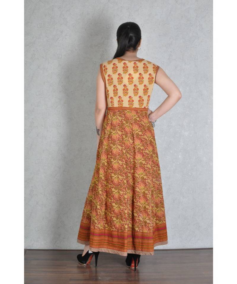 Beige & Red Cotton Printed Jaipuri Anarkali Kurta