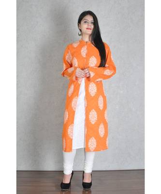 Orange Cotton Printed Jaipuri Kurta 1