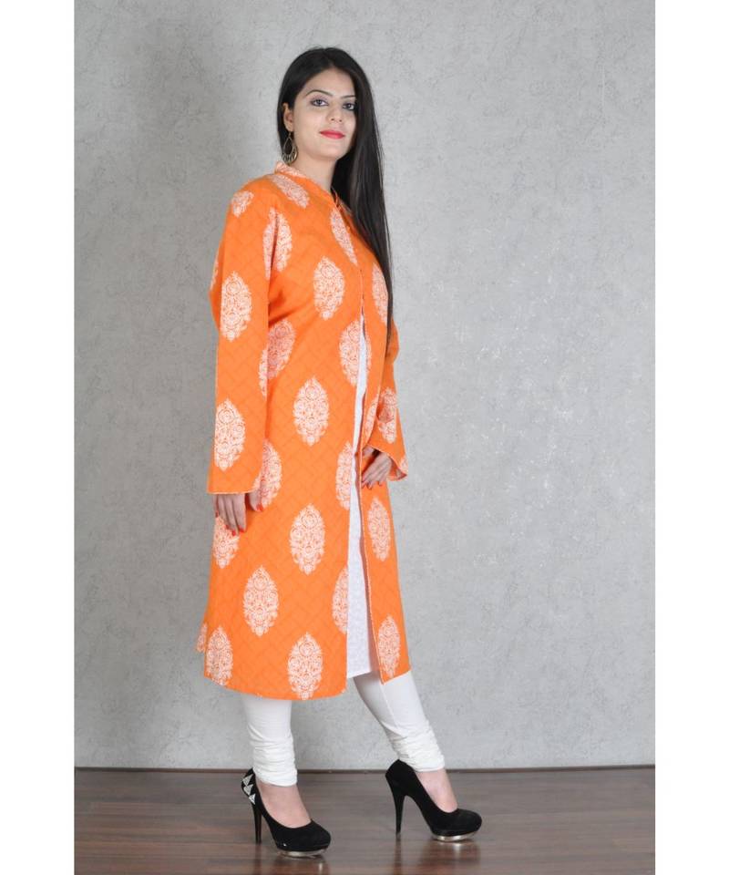 Orange Cotton Printed Jaipuri Kurta