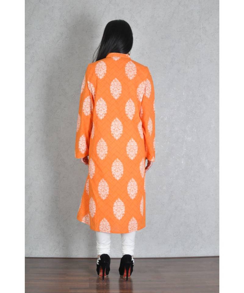 Orange Cotton Printed Jaipuri Kurta