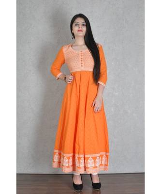 Orange Cotton Printed Jaipuri Anarkali Kurta 1