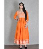 Orange Cotton Printed Jaipuri Anarkali Kurta