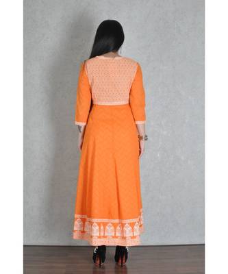 Orange Cotton Printed Jaipuri Anarkali Kurta 2