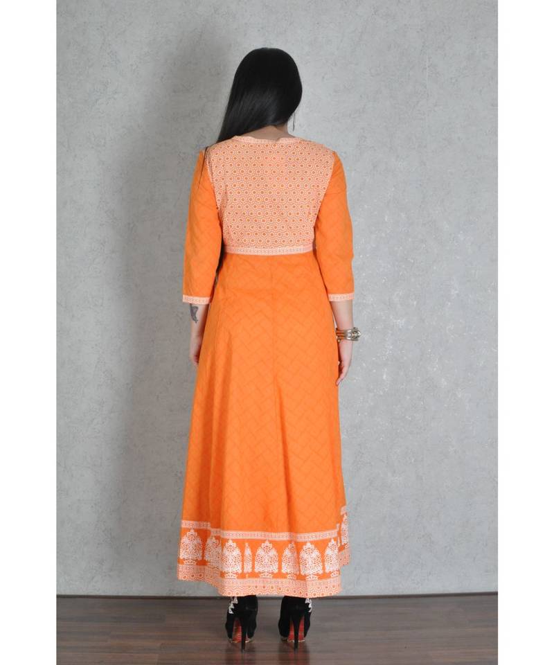 Orange Cotton Printed Jaipuri Anarkali Kurta