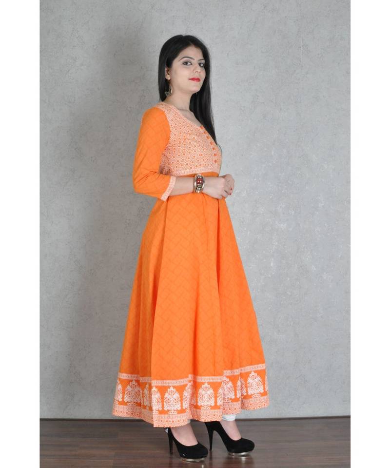 Orange Cotton Printed Jaipuri Anarkali Kurta