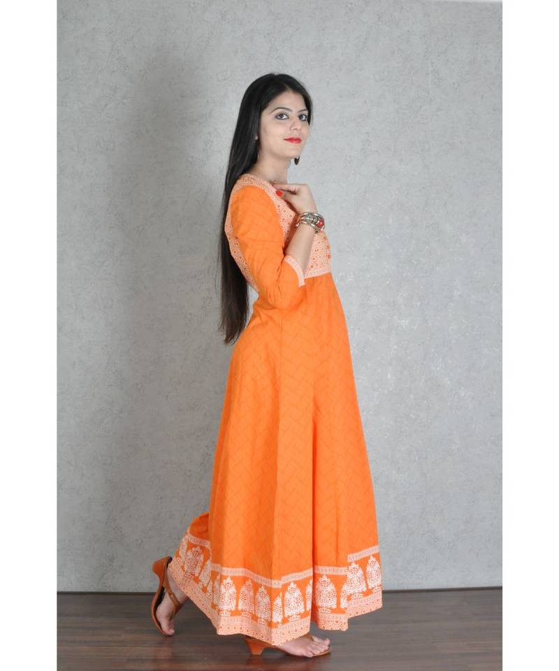 Orange Cotton Printed Jaipuri Anarkali Kurta