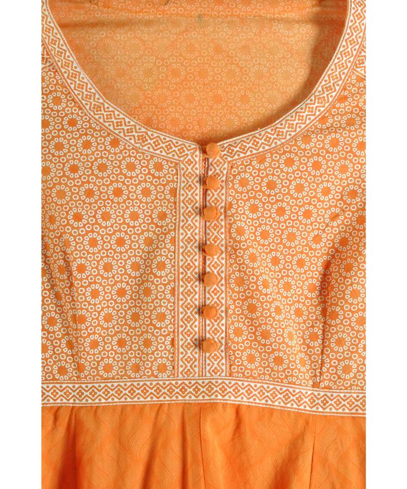 Orange Cotton Printed Jaipuri Anarkali Kurta