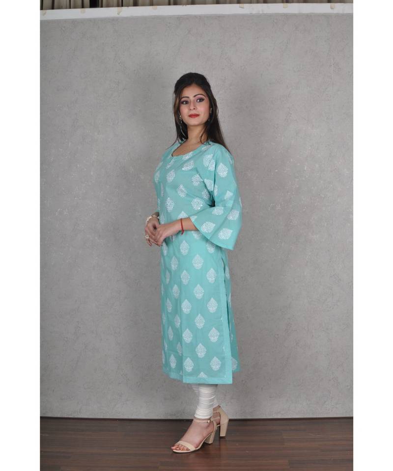 Turquoise Blue Cotton Jaipuri Kurta
