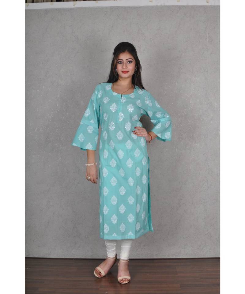 Turquoise Blue Cotton Jaipuri Kurta