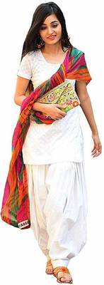 White Embossed Woven Pattern with multicolour dupatta and cotton Bottom Dress Materials.(Unstiched) 1