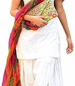White Embossed Woven Pattern with multicolour dupatta and cotton Bottom Dress Materials.(Unstiched)
