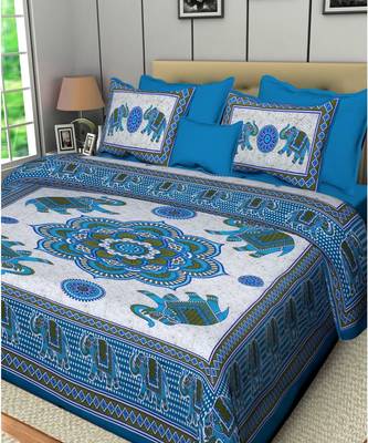 Premium Cotton Flat Bedsheet Rajasthani Jaipuri Traditional Queen Size Double Bed Sheet with 2 Pillow Covers (84 X 92) 1