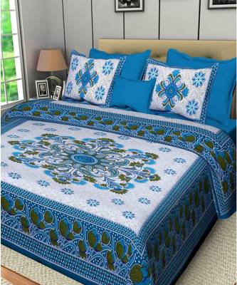 Premium Cotton Flat Bedsheet Rajasthani Jaipuri Traditional Queen Size Double Bed Sheet with 2 Pillow Covers (84 X 92) 1
