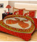 Premium Cotton Flat Bedsheet Rajasthani Jaipuri Traditional Queen Size Double Bed Sheet with 2 Pillow Covers (84 X 92)