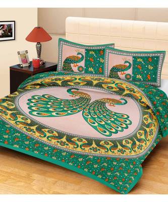 Premium Cotton Flat Bedsheet Rajasthani Jaipuri Traditional Queen Size Double Bed Sheet with 2 Pillow Covers (84 X 92) 1