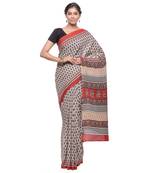 Beige printed cotton saree with blouse