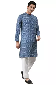 Blue printed cotton men kurtas