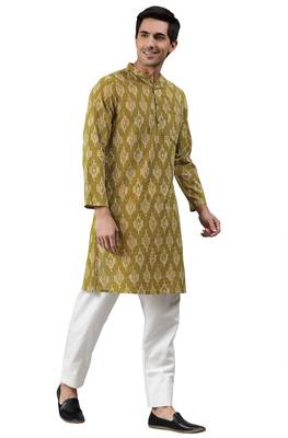 Green printed cotton men kurtas 3