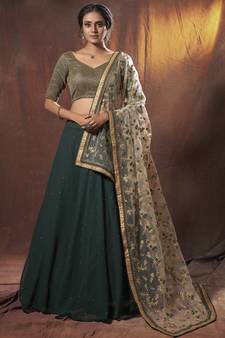 Green thread embroidery georgette semi stitched wedding & party lehenga