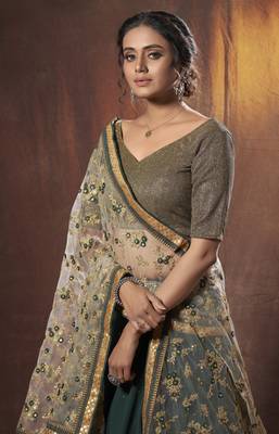Green thread embroidery georgette semi stitched wedding & party lehenga 2