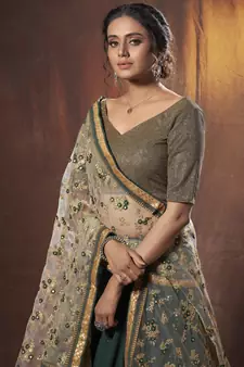 Green thread embroidery georgette semi stitched wedding & party lehenga