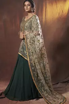 Green thread embroidery georgette semi stitched wedding & party lehenga