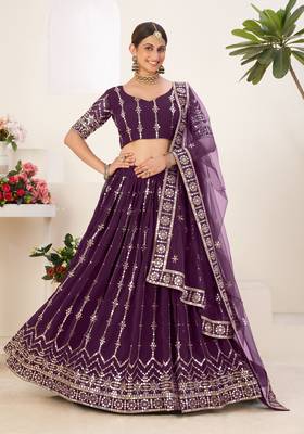 Adorable Wine Embroidered Georgette & Net Semi stitched Lehenga 1